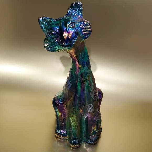 Fenton 11" Winking Alley Cat Emerald Forest Green Iridescent Art Glass Sculpture - Picture 14 of 14